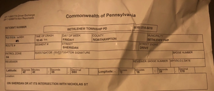 Easton Car Accident Lawyer 3 Redacted Bethlehem Township Police Report Showing Sheridan Drive Location For Easton Area Crash