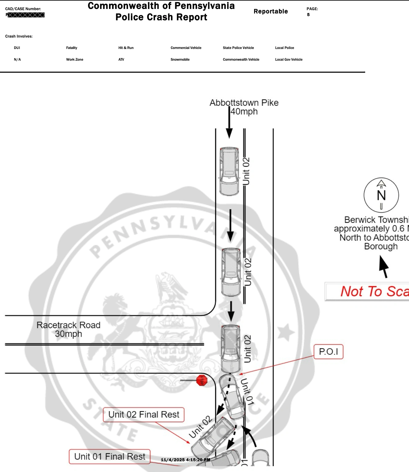Pennsylvania State Police Diagram Showing The Abbottstown Pike And Racetrack Road Collision In Berwick Township. Pennsylvania State Police Diagram Showing The Abbottstown Pike And Racetrack Road Collision In Berwick Township.