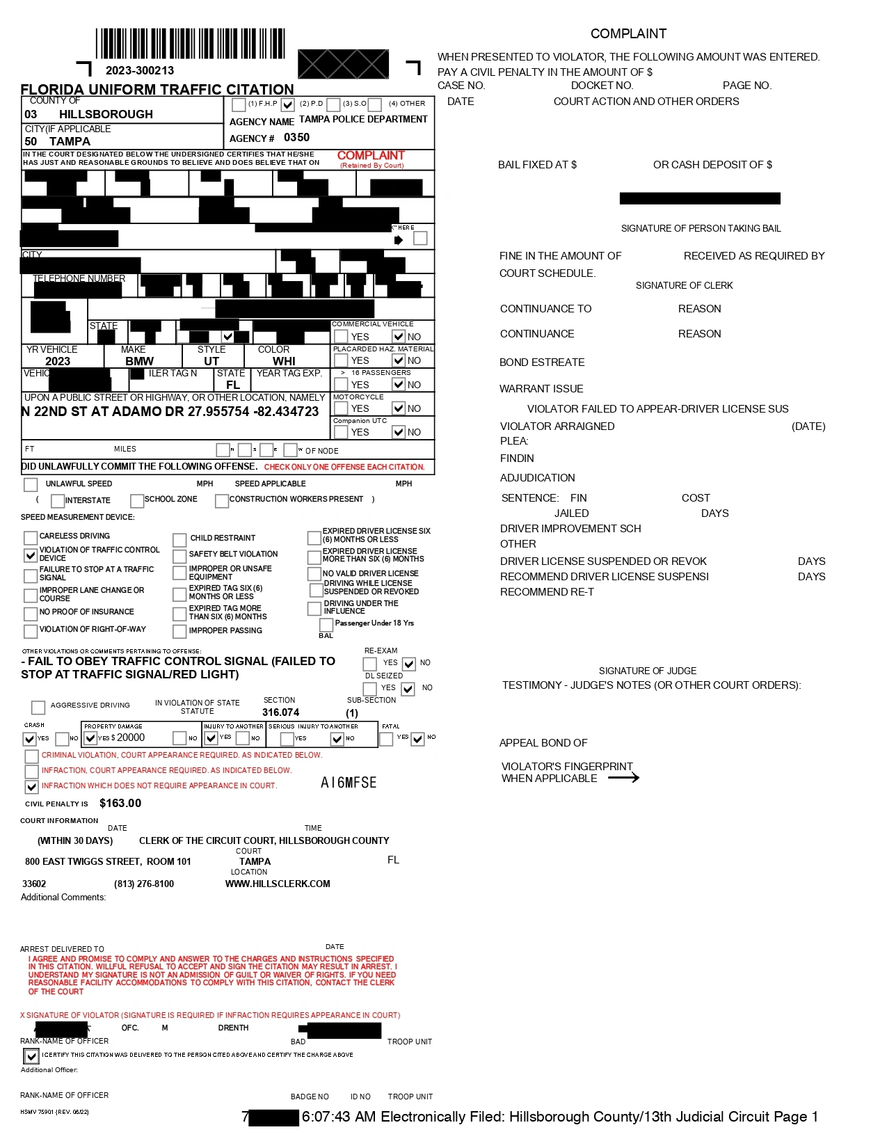 Case Results 1 Redacted Tampa Police Traffic Citation